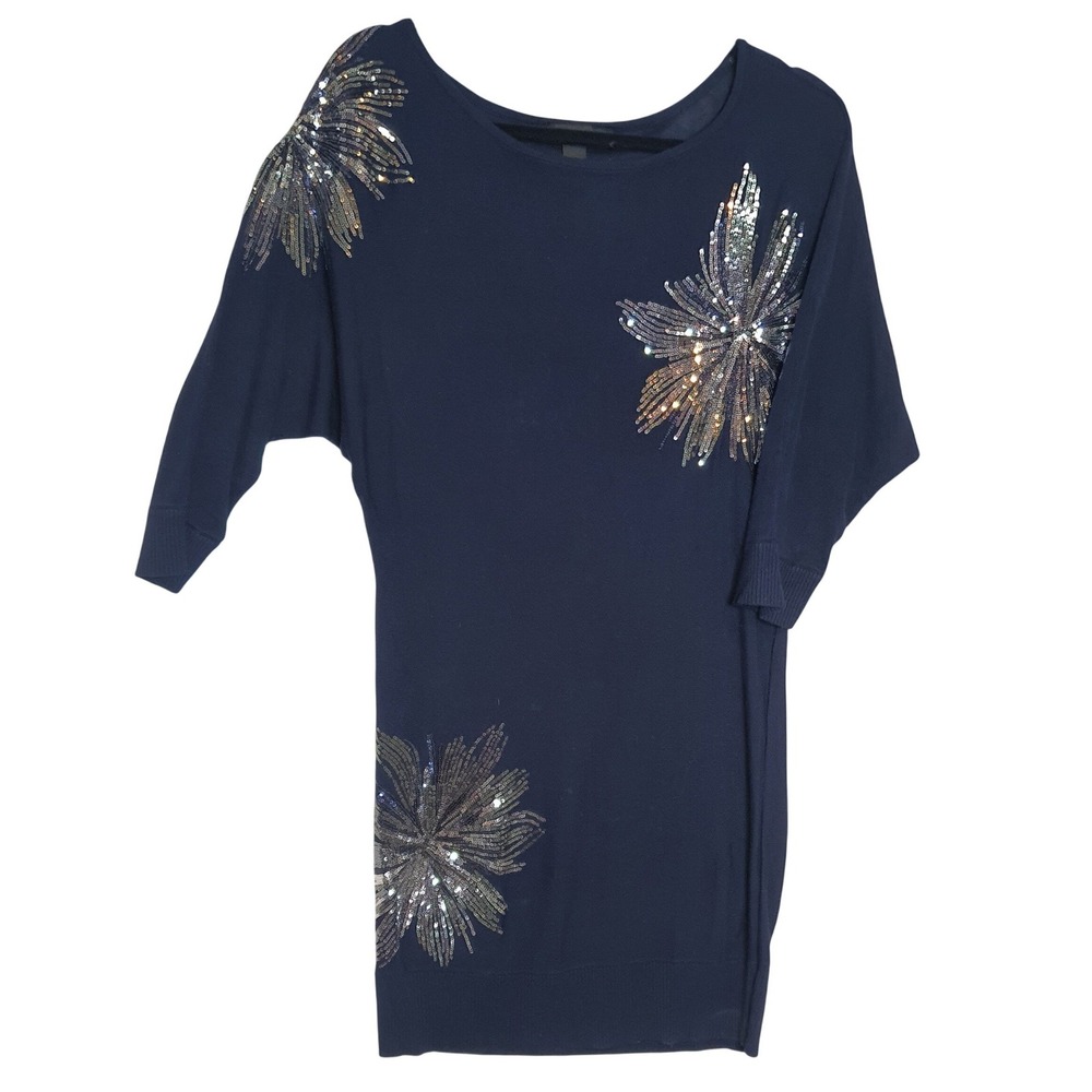 INC International Concepts Sequin Firework Tunic Top Rayon Knit Medium Navy Blue